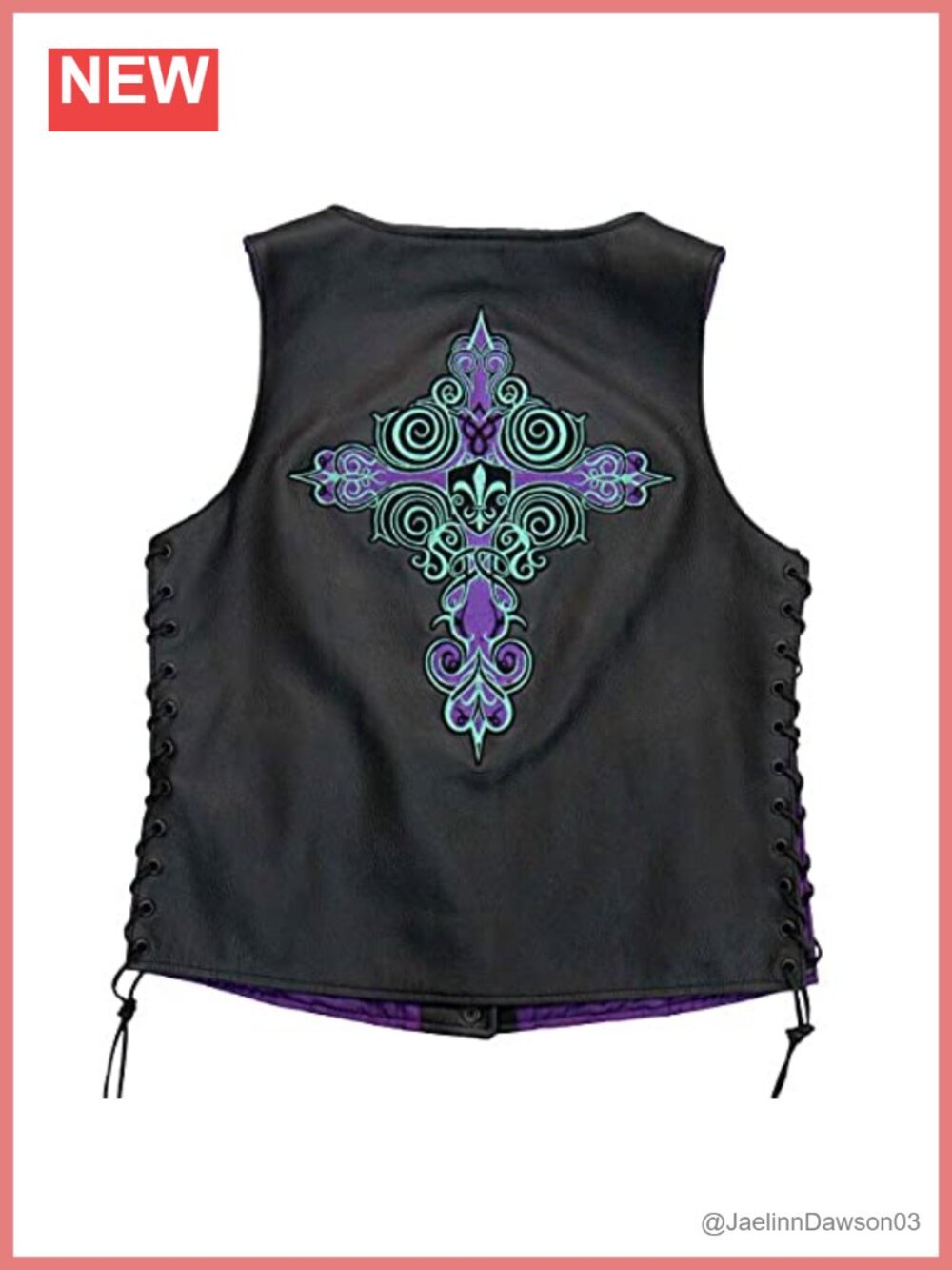 Premium Leather Vest Sleeveless Fleur-De-Lis Cross Embroidery Snap Closure